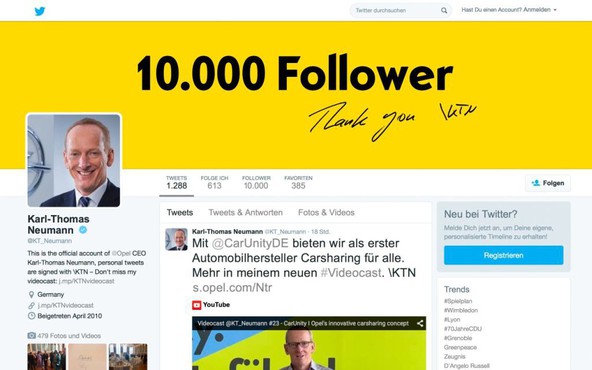 Uspešen na Twitterju: Predsednik Opla dr. Karl-Thomas Neumann ima že 10.000 sledilcev