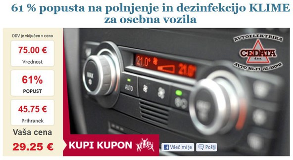 ZbitaCena.si: 61 % popusta na polnjenje in dezinfekcijo KLIME za osebna vozila 